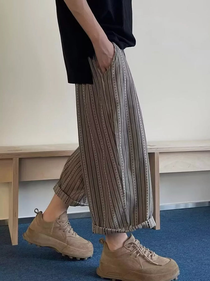 Pantalones casuales a rayas de talla grande para hombre de pierna ancha